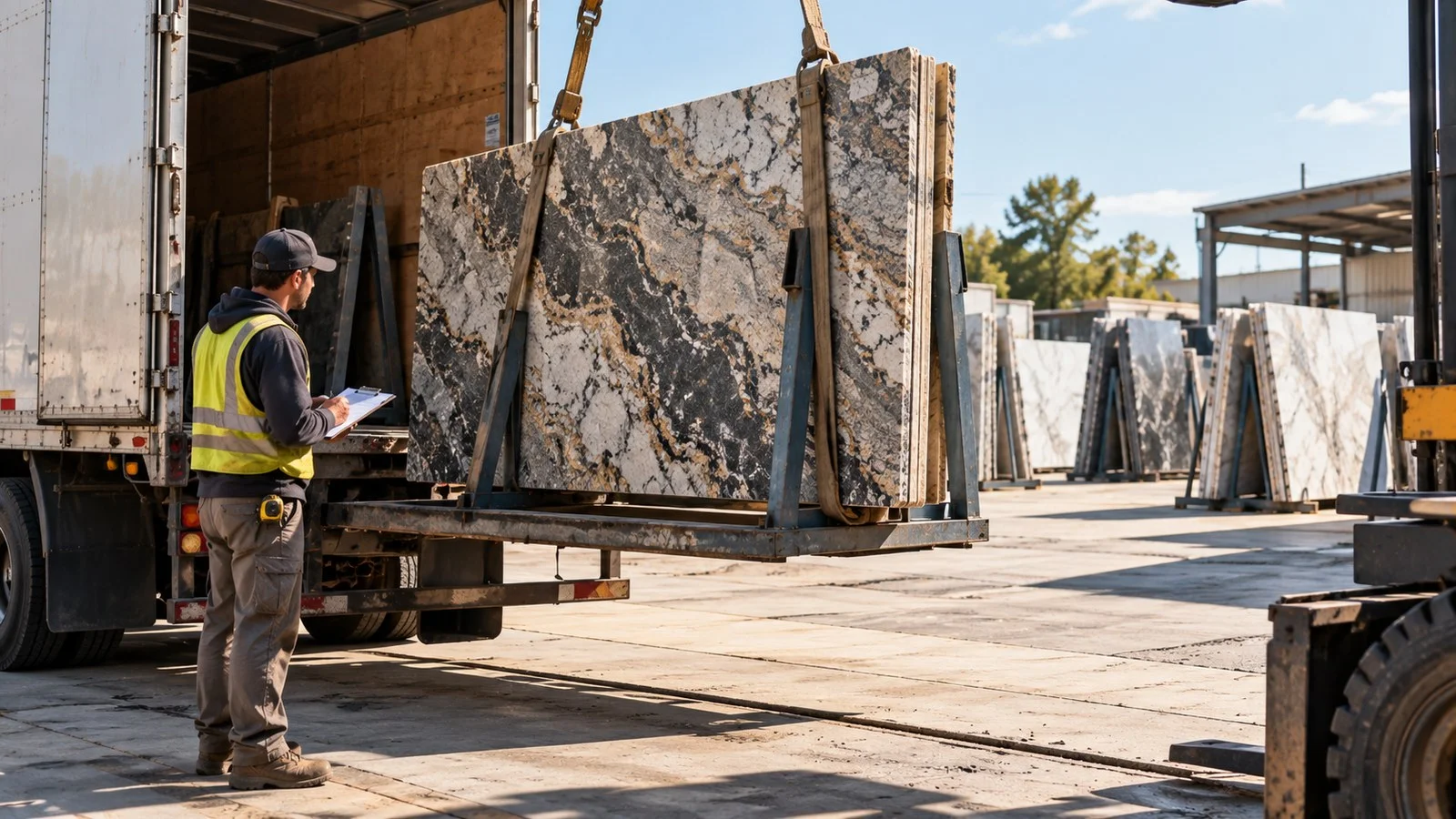 Returned granite slab being unloaded and checked at a stone yard