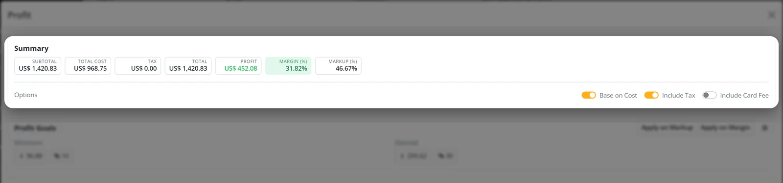 Resumo da janela Profit com subtotal, custo total, lucro, margem e markup