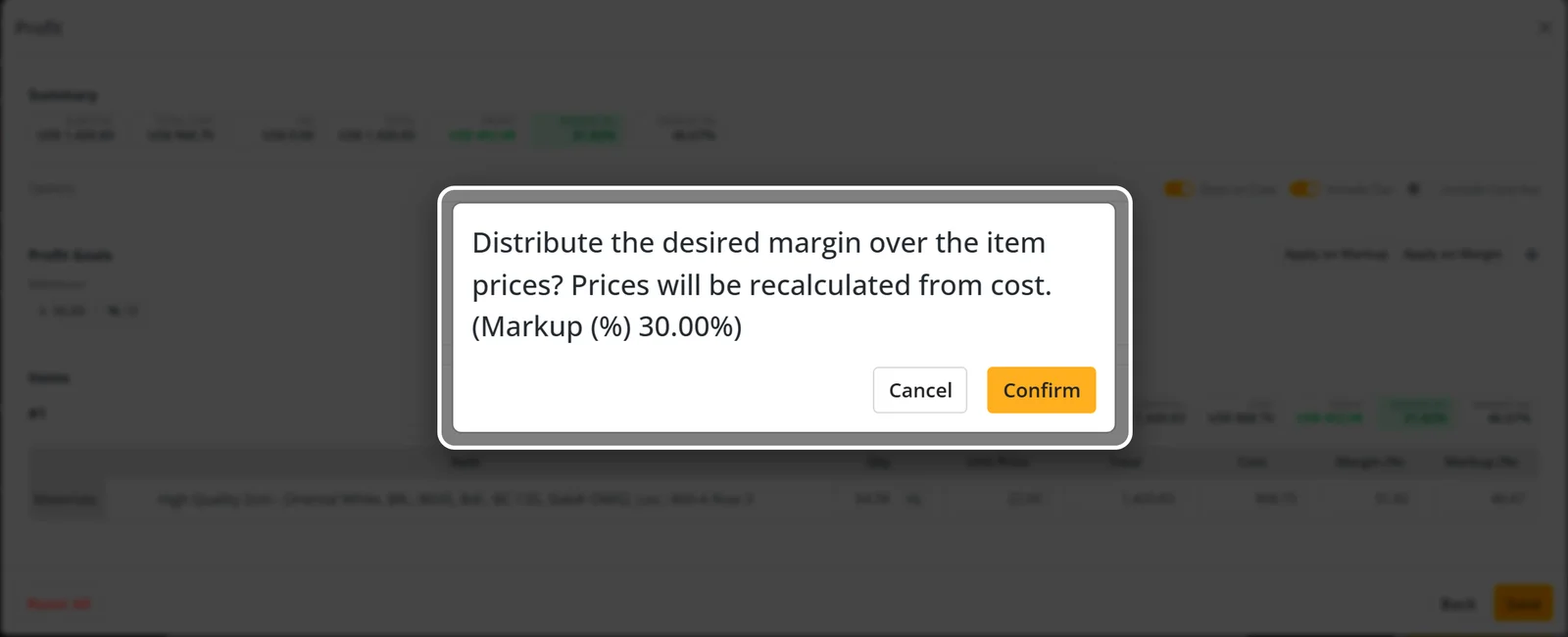 Confirmação antes de aplicar o markup desejado aos preços