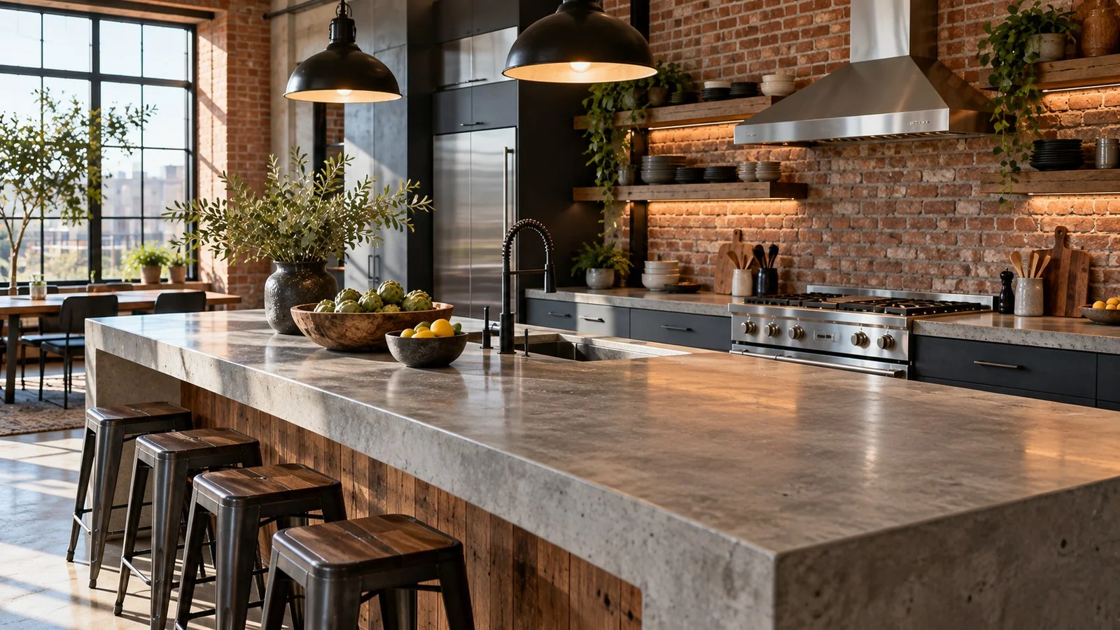 Cocina de loft industrial con encimera de hormigón gris y pared de ladrillo
