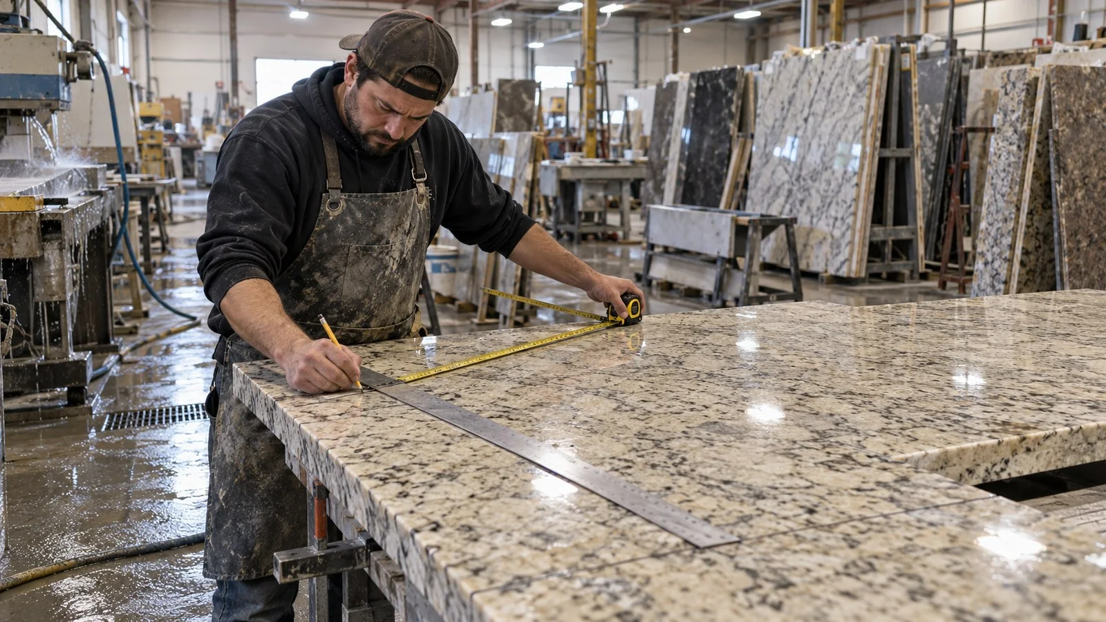 Fabricator measuring and marking a granite slab by hand