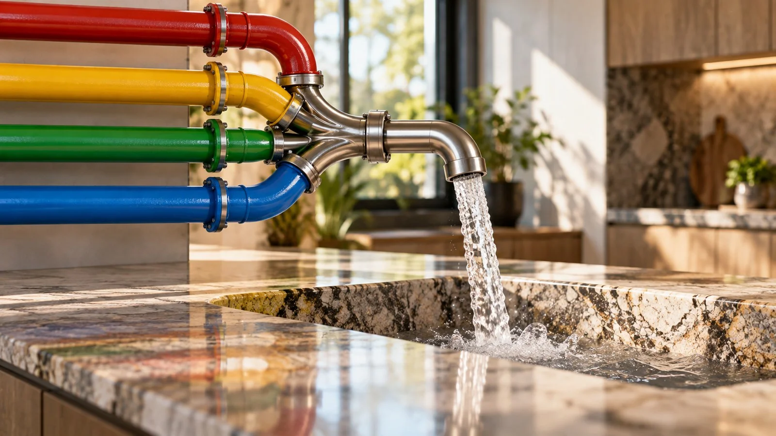 Four colored pipes feeding one faucet, a metaphor for marketing channels