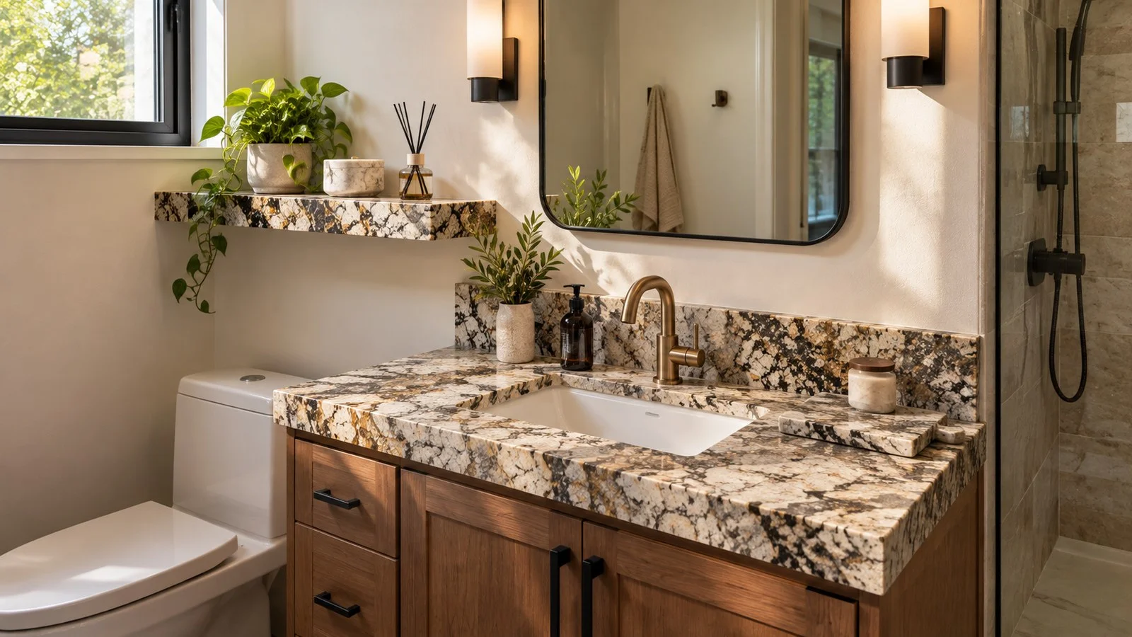 Bathroom vanity top and shelf made from granite remnants