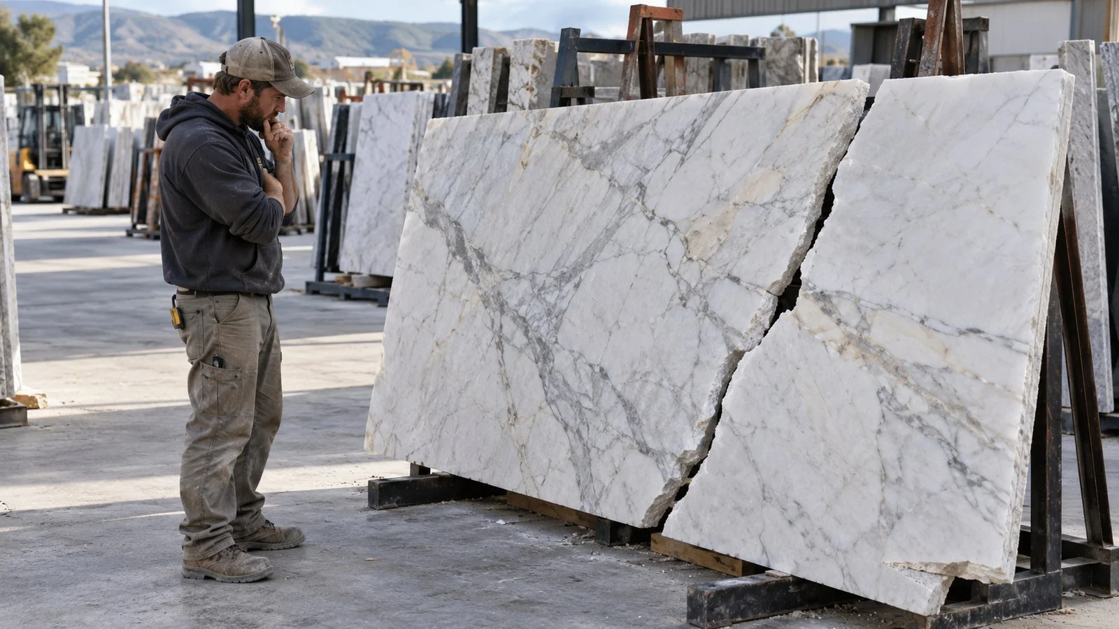 Broken marble slab at a stone yard, a worker considering how to reuse it