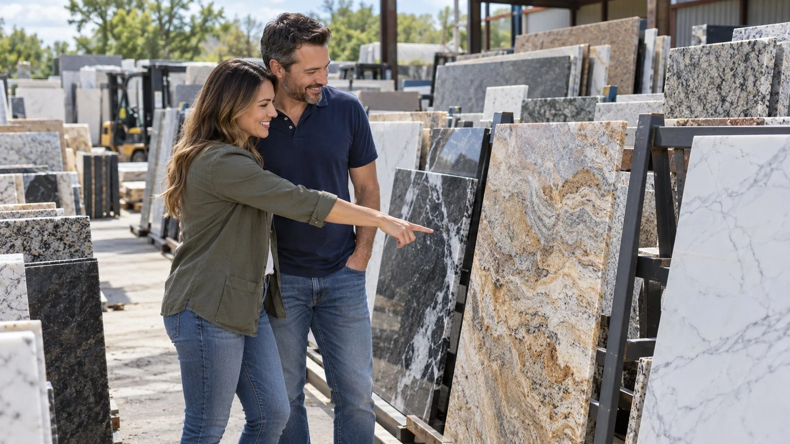 Homeowner couple choosing a stone piece at a stone yard