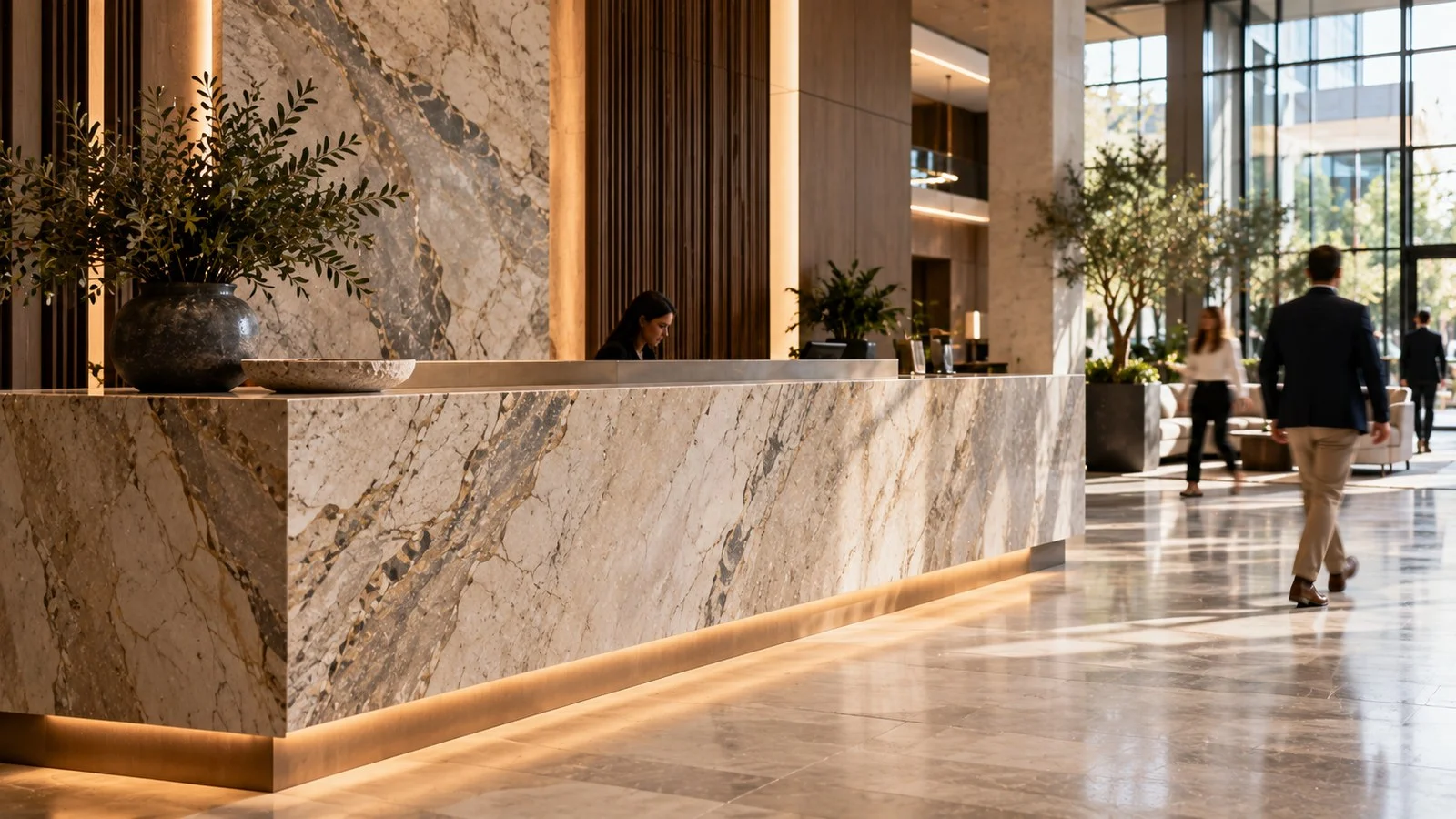 Lobby comercial moderno com balcão de recepção em pedra natural