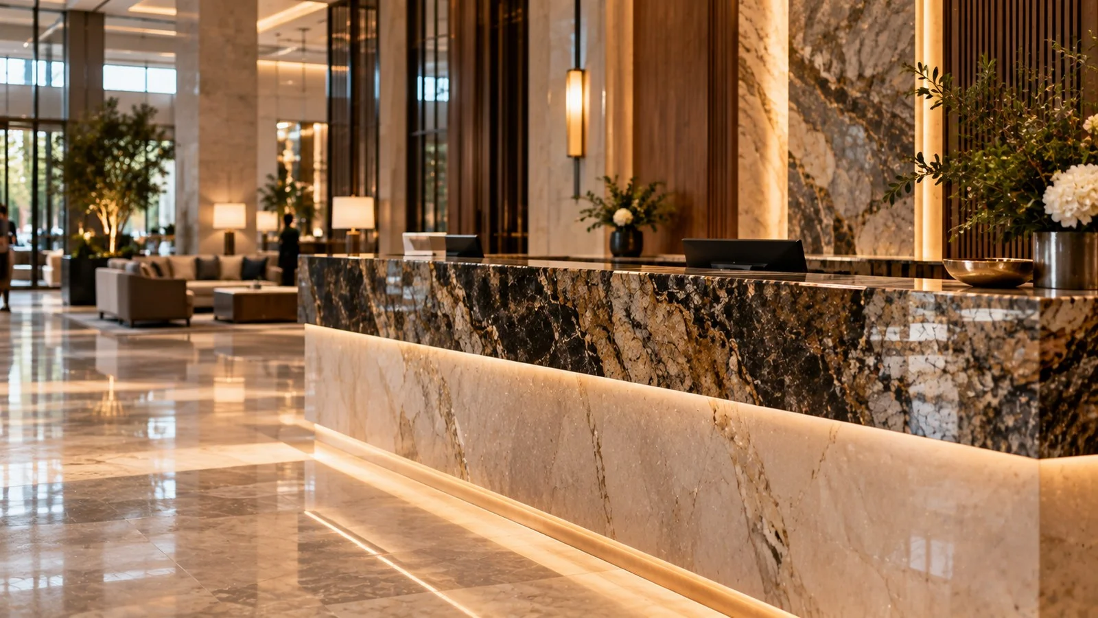 Recepção de hotel de luxo com bancada de granito polido