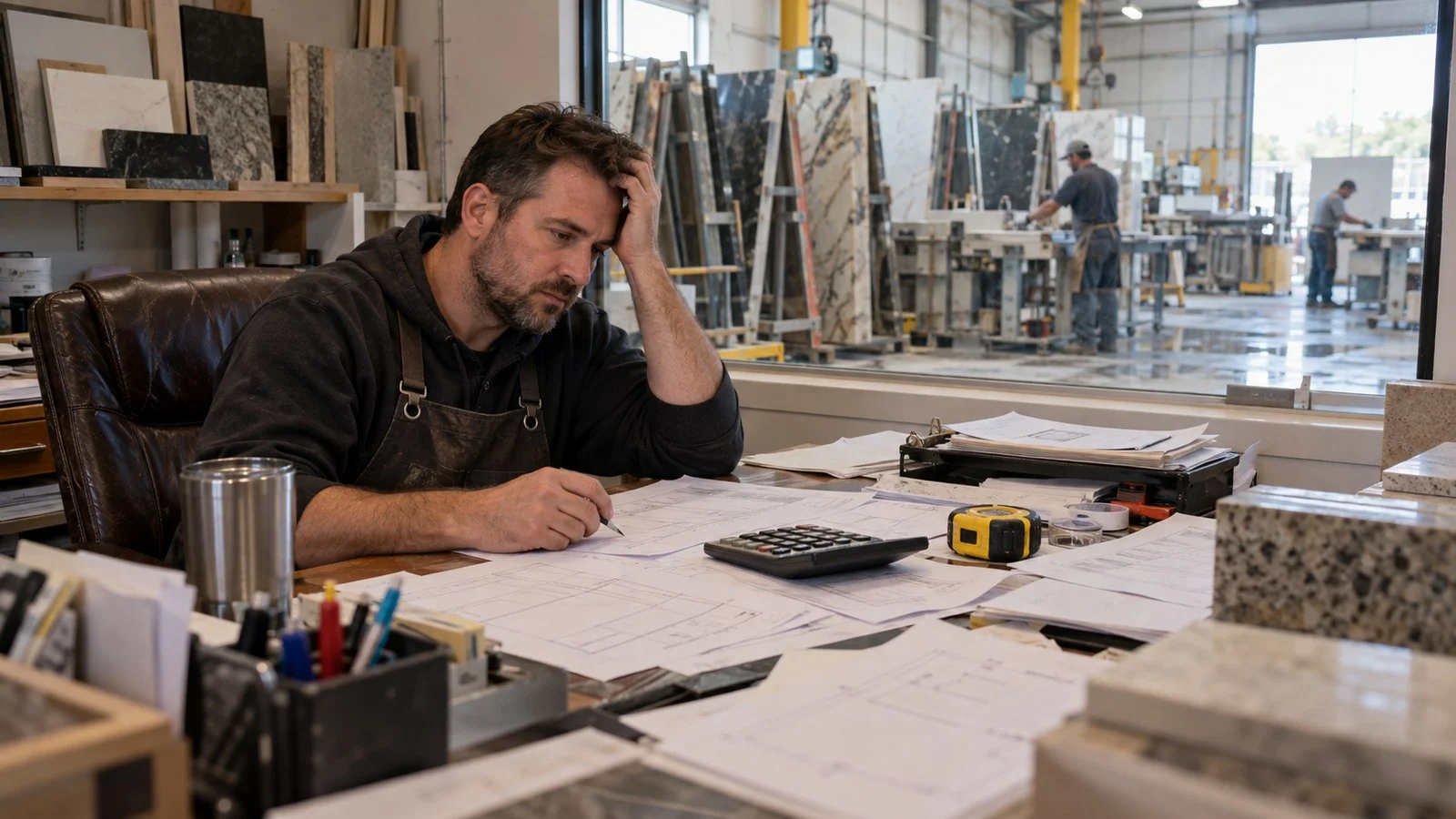 Countertop shop owner overwhelmed by paper quotes at his desk