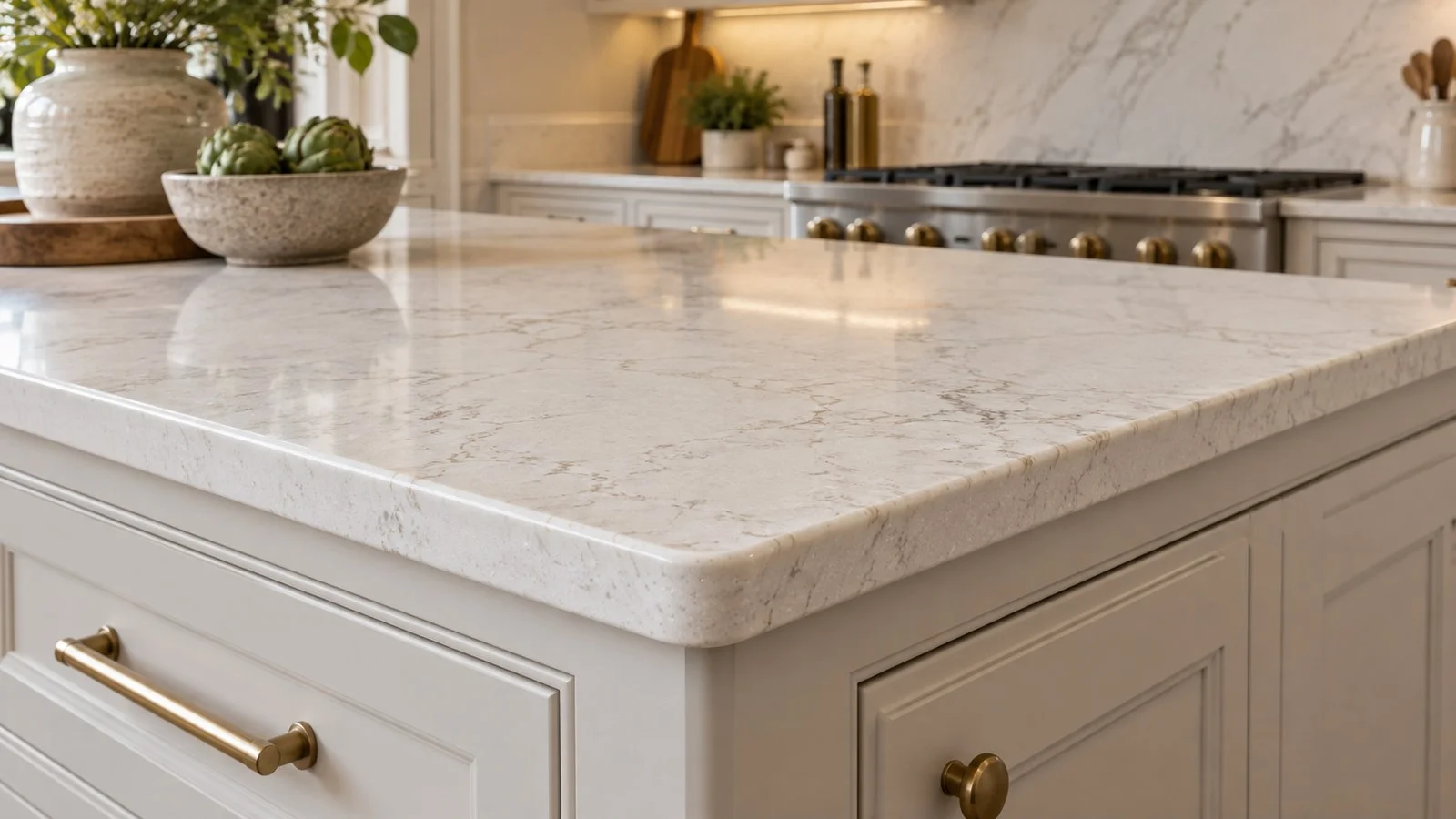 Close-up of a light quartz countertop with a softly rounded pencil edge