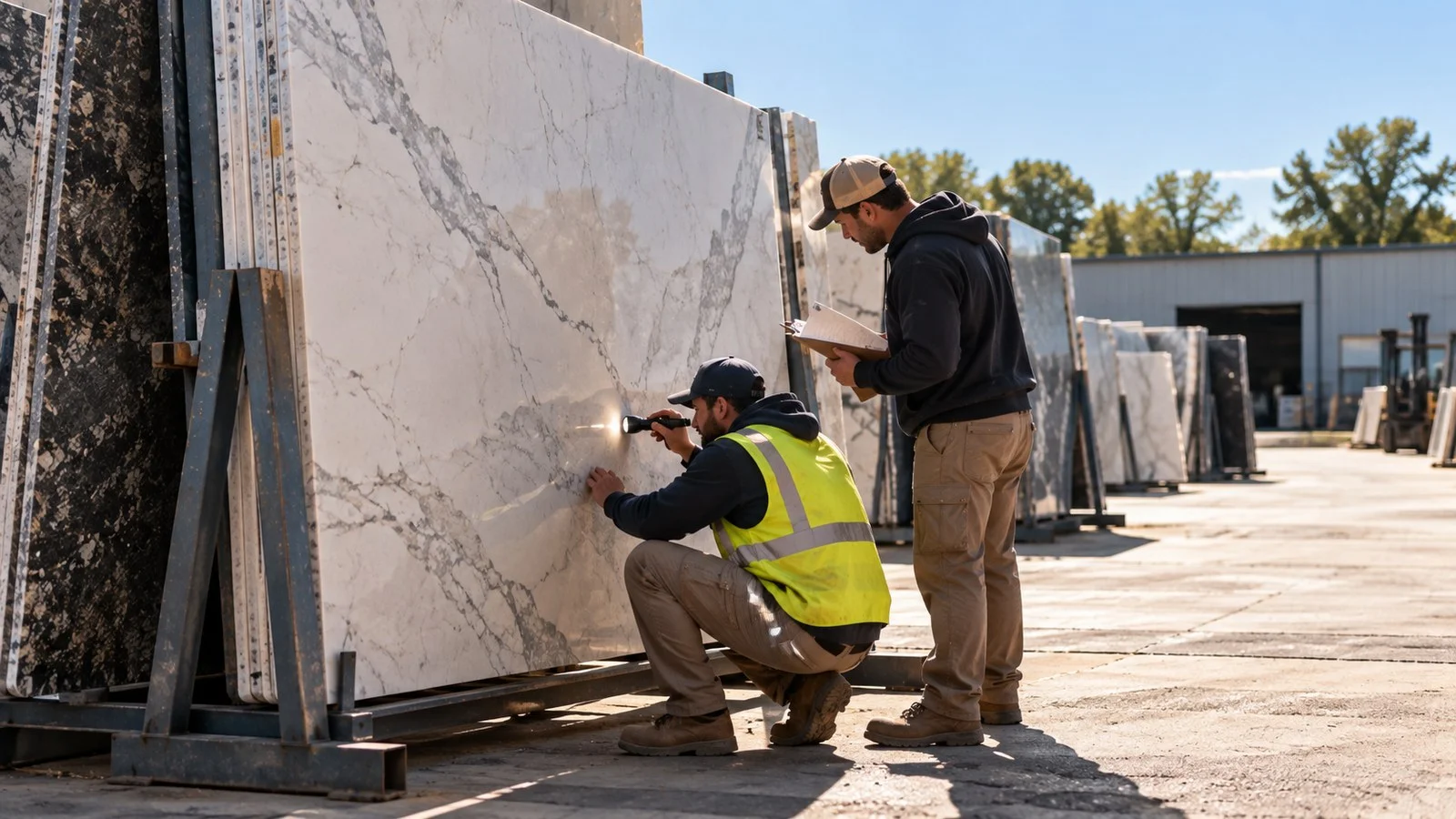 Workers inspecting a returned slab for damage with a flashlight