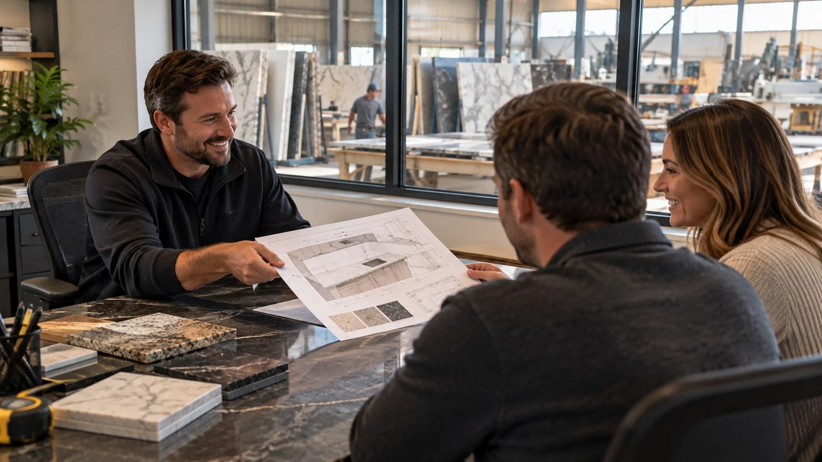 Countertop shop owner showing a clear drawing to happy homeowners