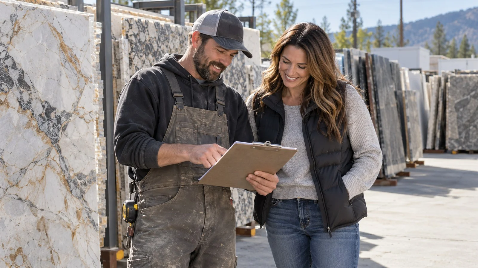 Fabricator and homeowner reviewing a countertop quote together in a slab yard