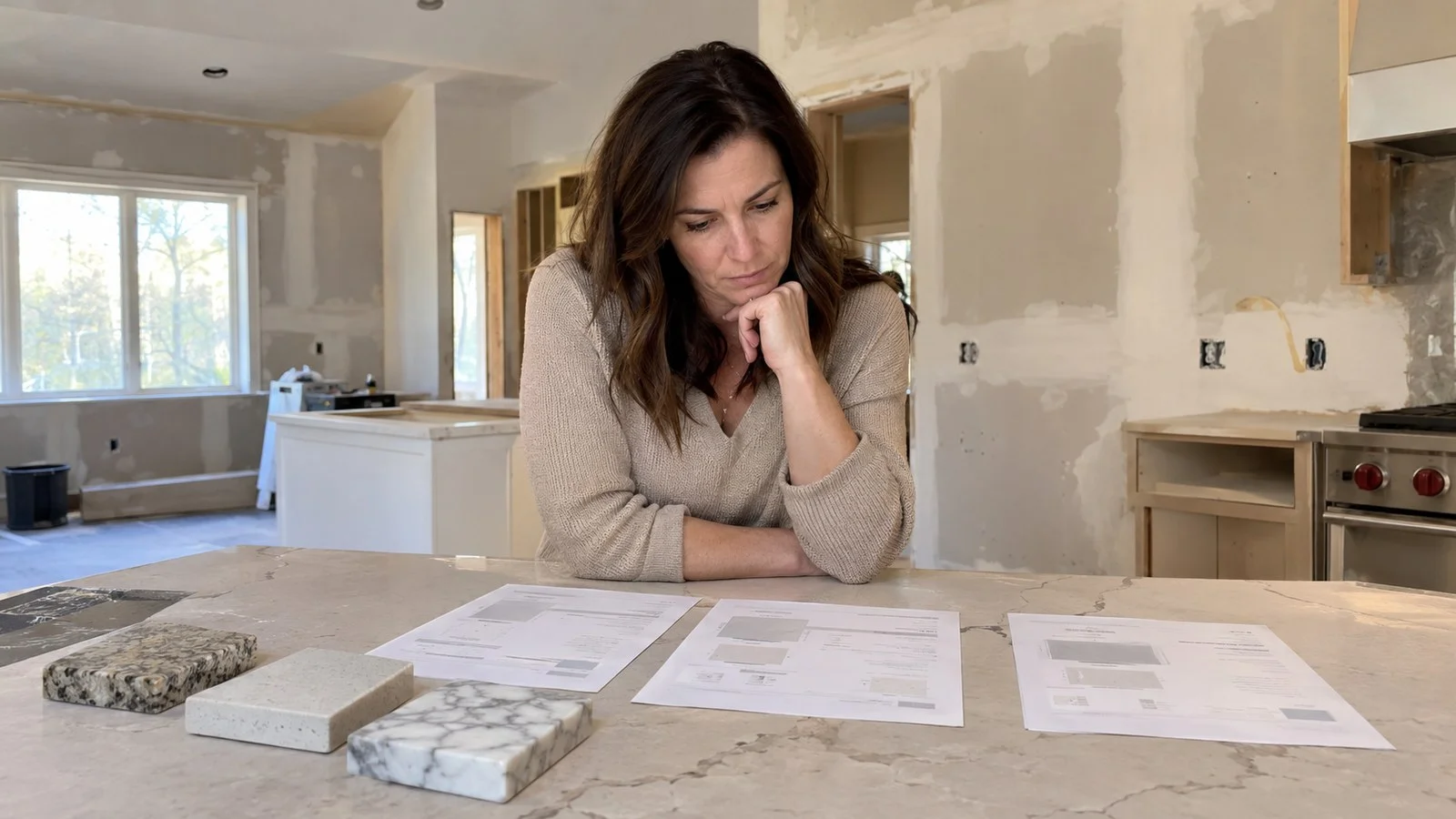 Homeowner comparing three countertop quotes with stone samples on a kitchen island