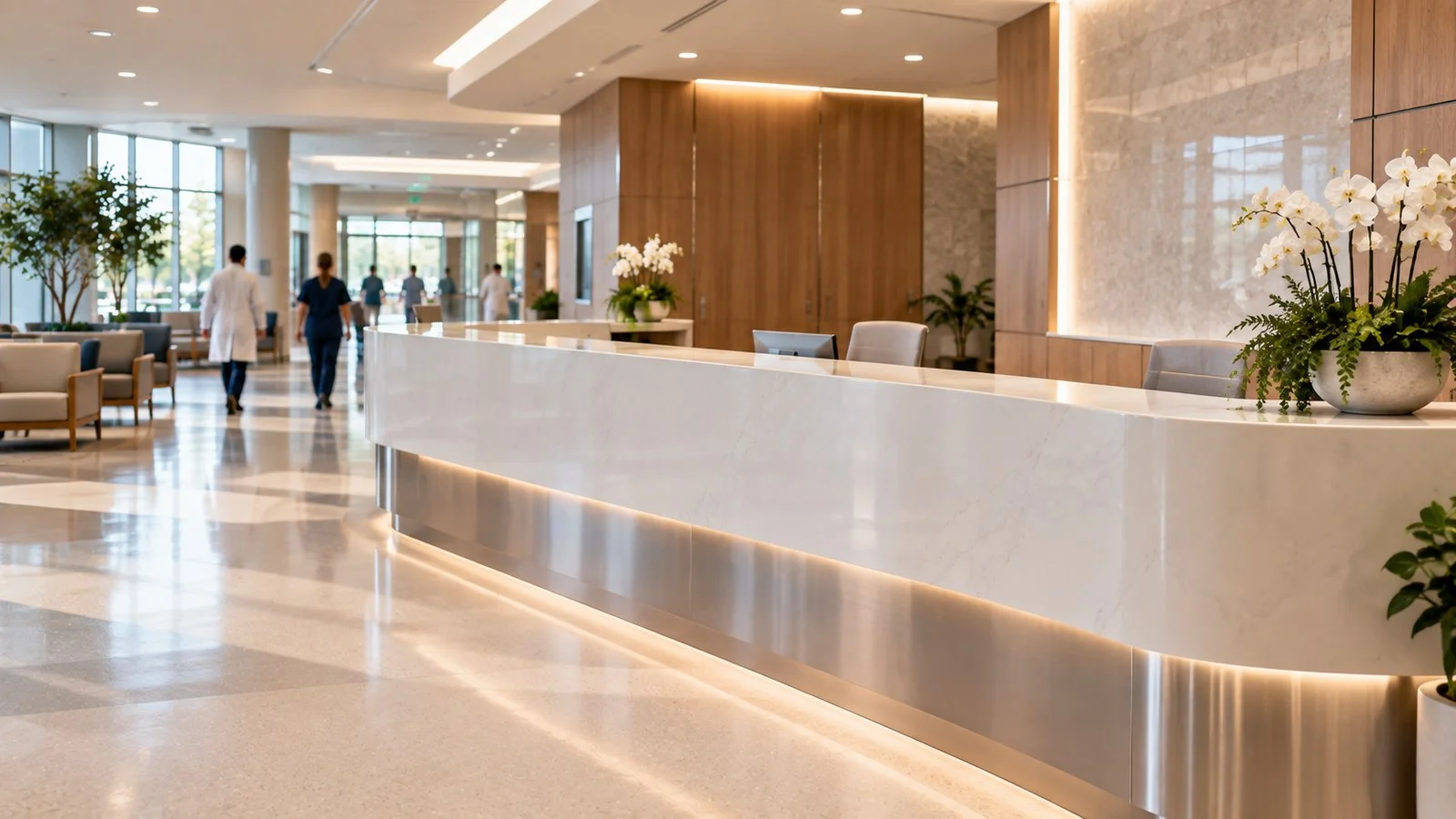 Recepção de hospital com bancada branca de superfície sólida e inox
